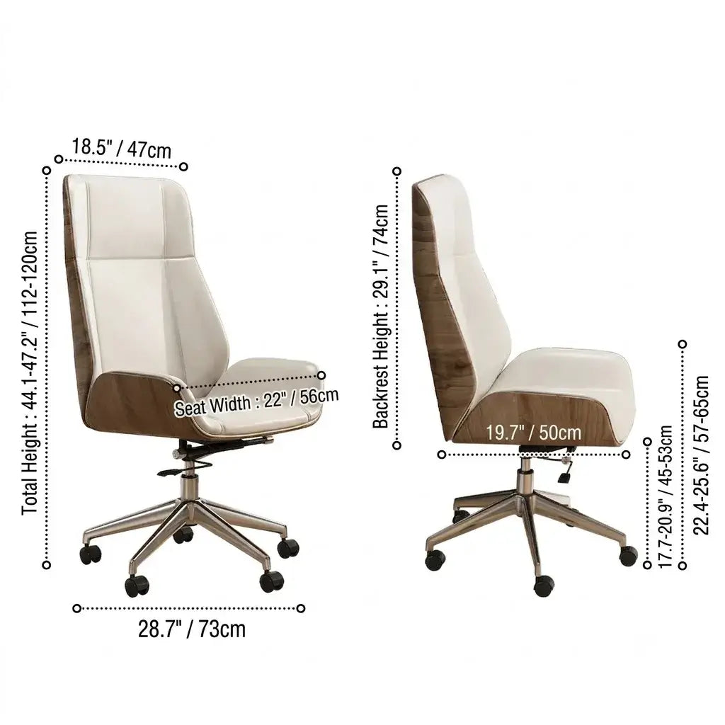 Leather Office Chair with Walnut Wood Trim, Reclining High or Low Back Dimensions