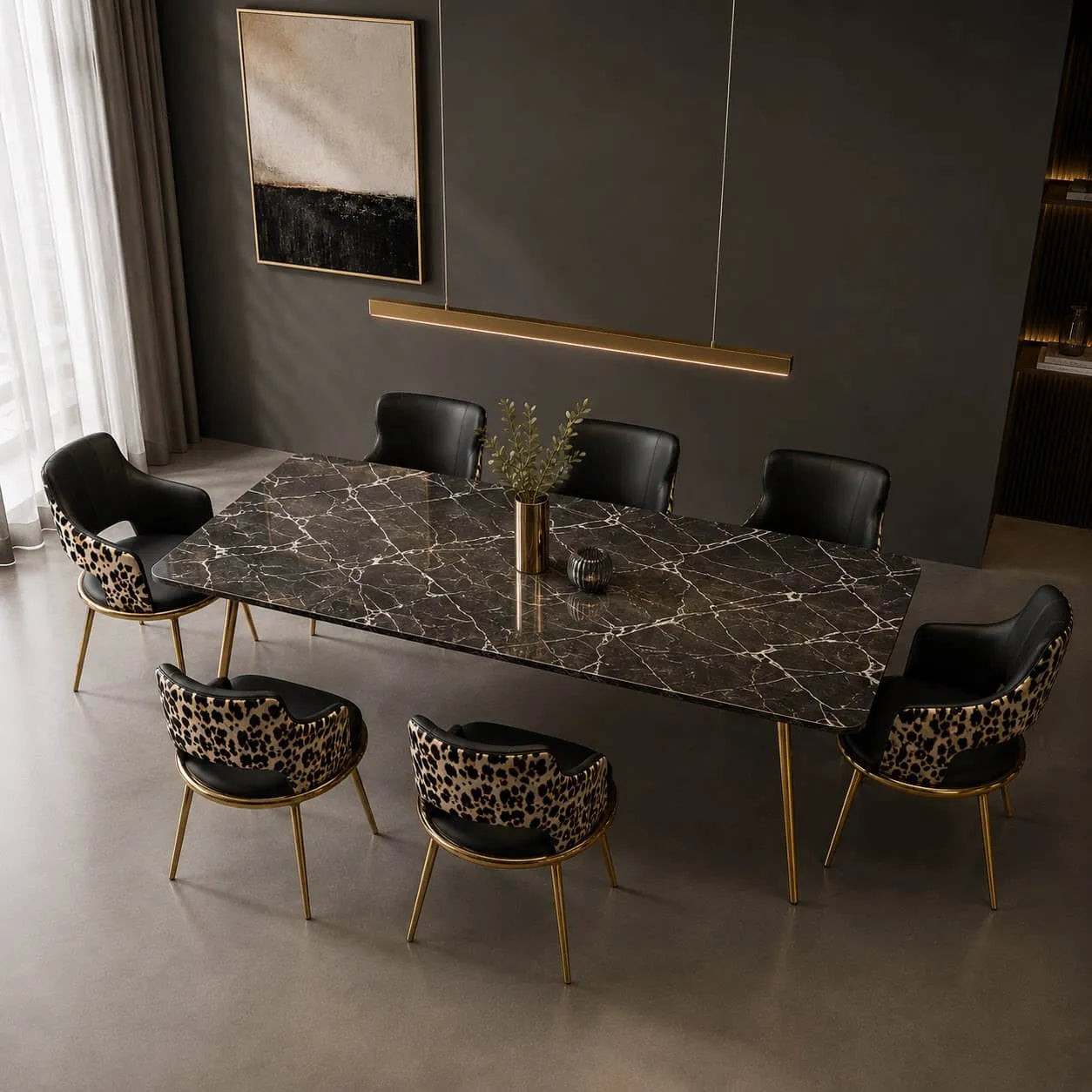 Leopard Dining Chair Series With Black Leather and Brushed Gold Frame