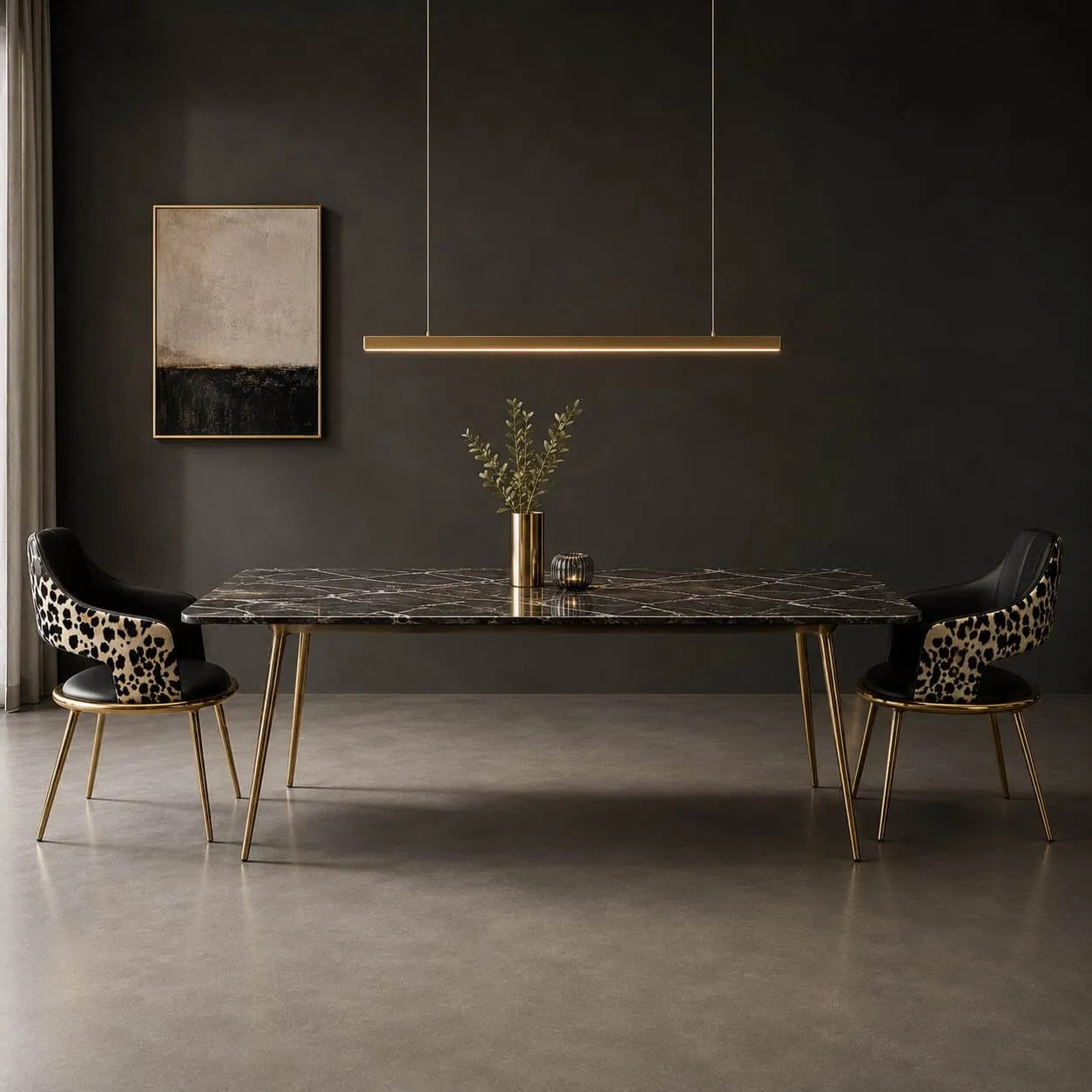 Leopard Dining Chair Series With Black Leather and Brushed Gold Frame