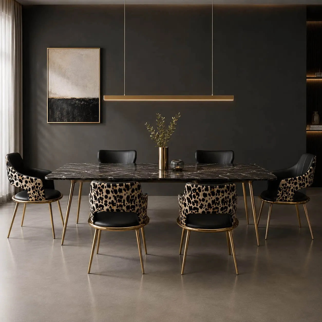 Leopard Dining Chair Series With Black Leather and Brushed Gold Frame