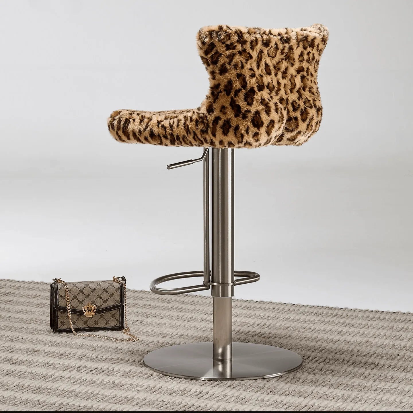 Leopard, Mink and Alpaca Pattern Bar Stool with Sculptural Swivel Lift