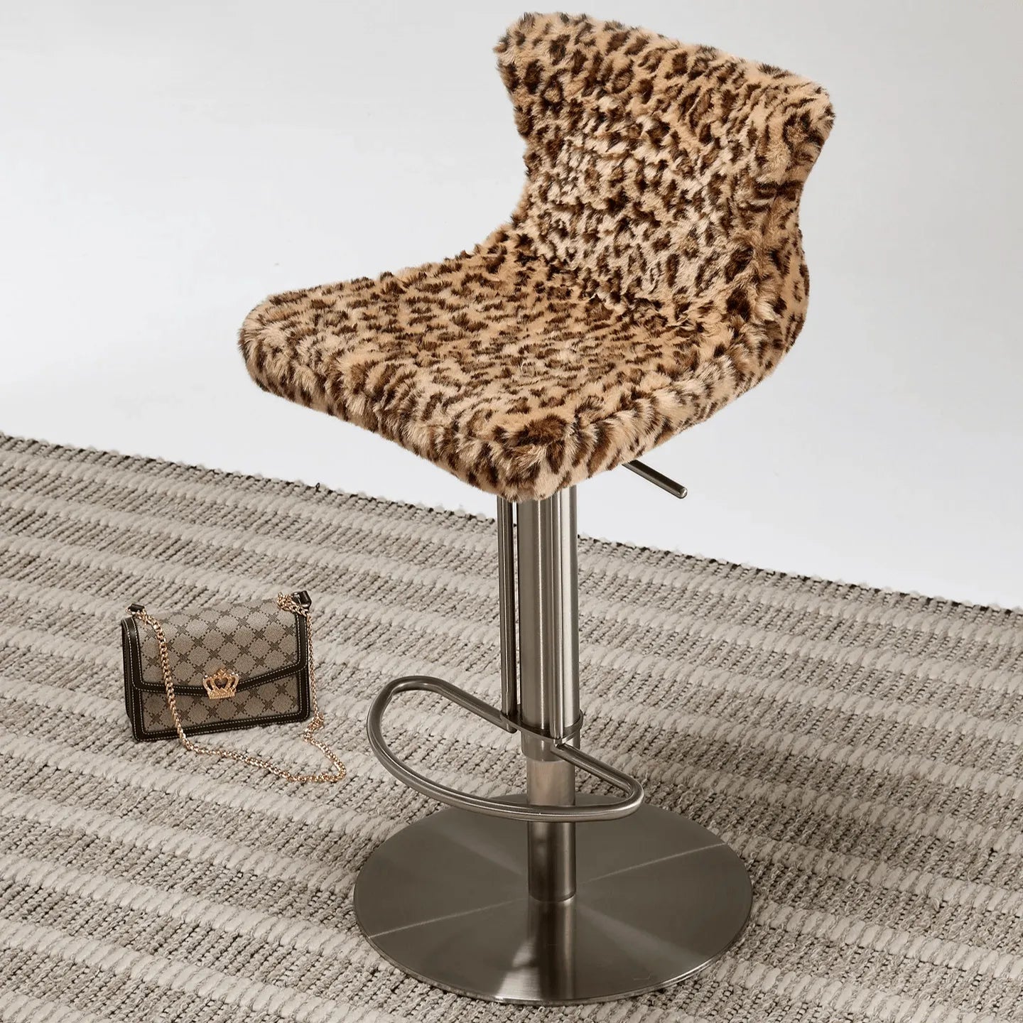 Leopard, Mink and Alpaca Pattern Bar Stool with Sculptural Swivel Lift