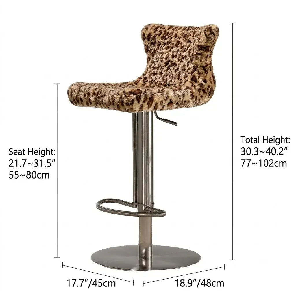Leopard, Mink and Alpaca Pattern Bar Stool with Sculptural Swivel Lift Dimensions