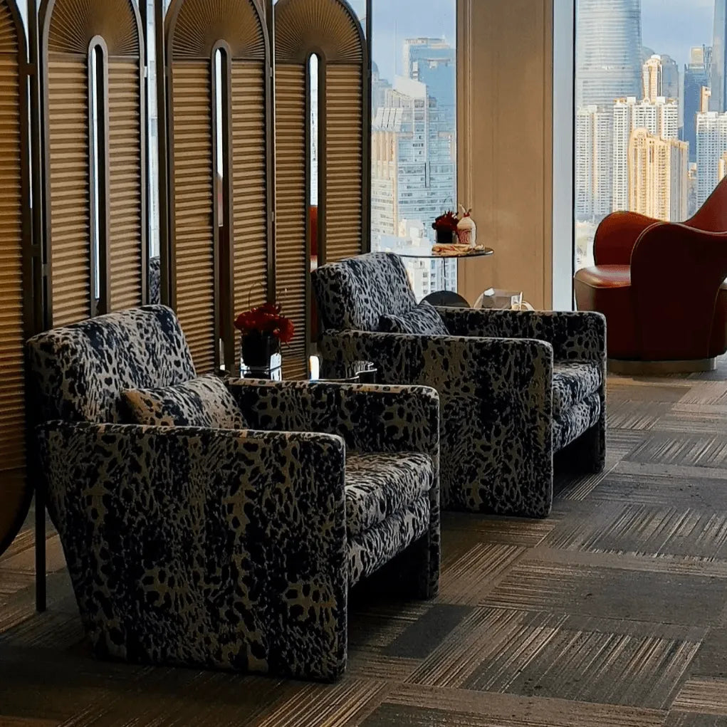 Leopard Pattern Lounge Chair and Ottoman, Sculptural Italian Block Silhouette