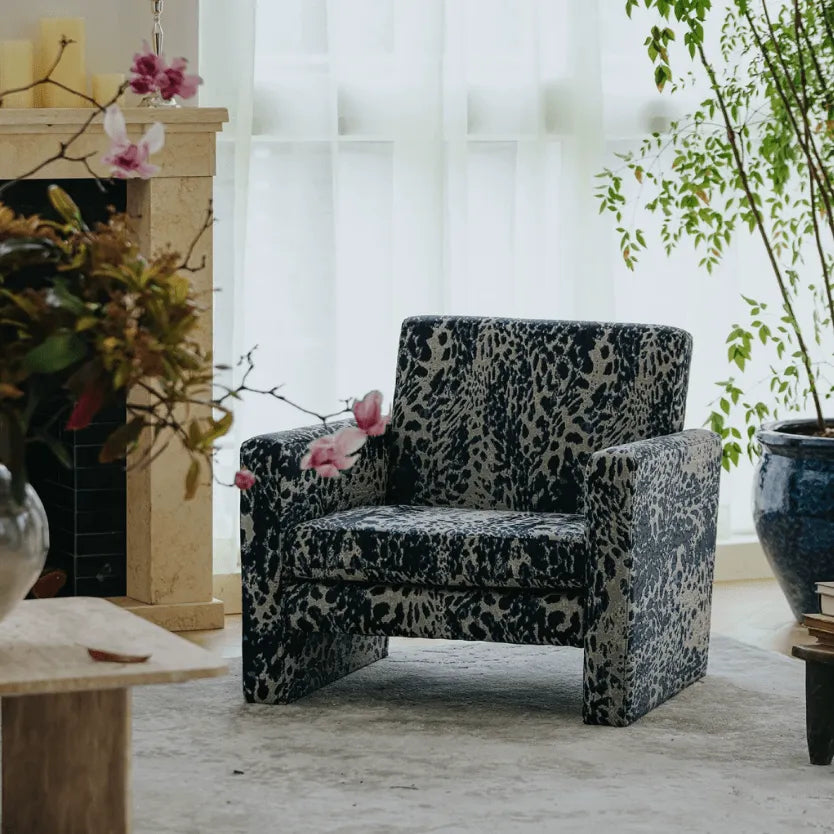 Leopard Pattern Lounge Chair and Ottoman, Sculptural Italian Block Silhouette