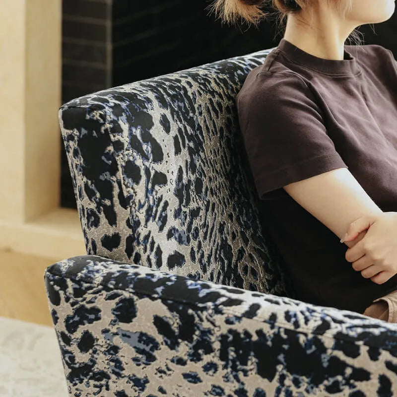 Leopard Pattern Lounge Chair and Ottoman, Sculptural Italian Block Silhouette
