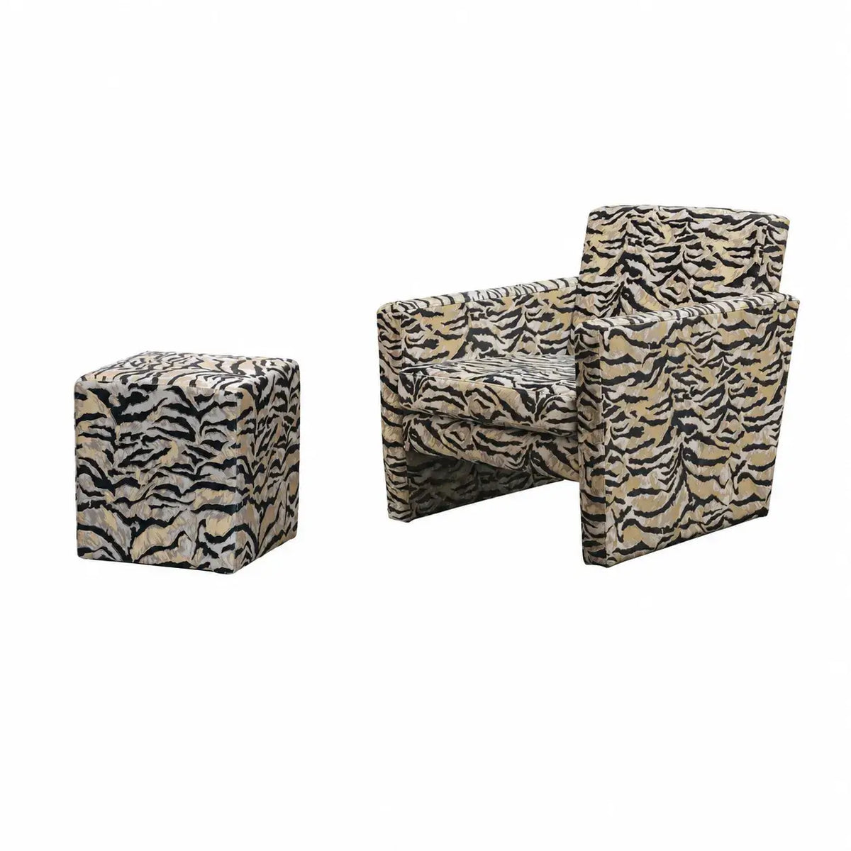 Leopard Pattern Lounge Chair and Ottoman, Sculptural Italian Block Silhouette