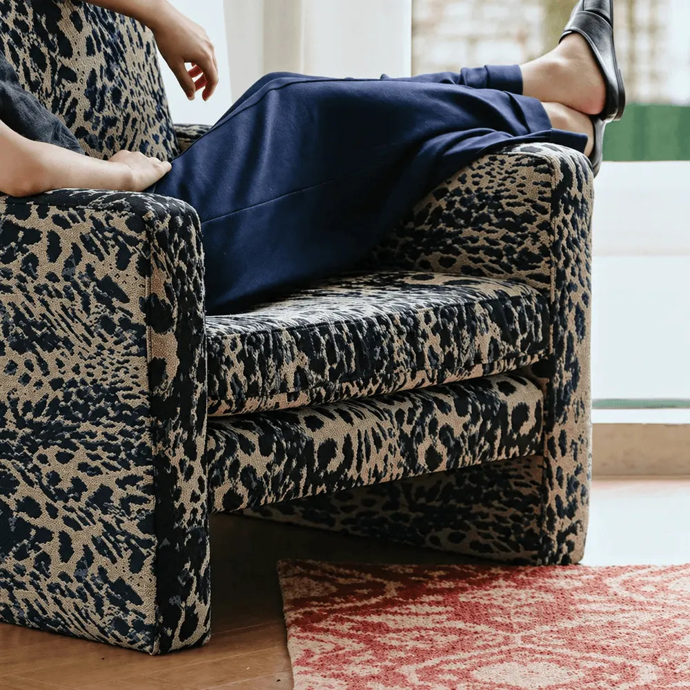 Leopard Pattern Lounge Chair and Ottoman, Sculptural Italian Block Silhouette