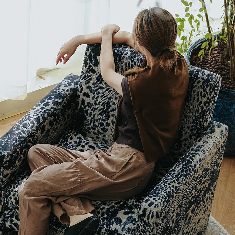 Leopard Pattern Lounge Chair and Ottoman, Sculptural Italian Block Silhouette