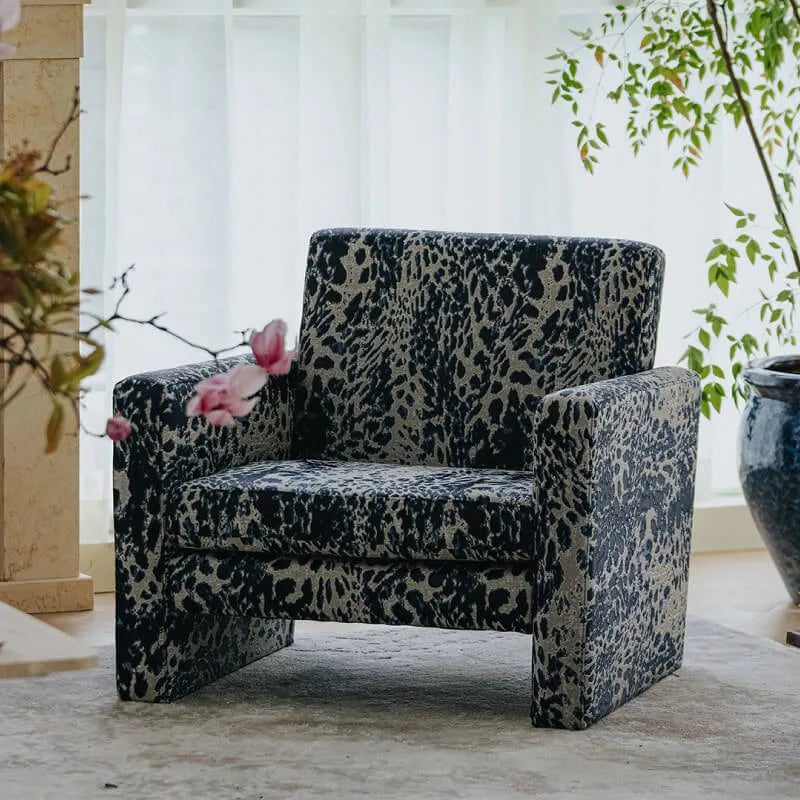 Leopard Pattern Lounge Chair and Ottoman, Sculptural Italian Block Silhouette Main Product Image