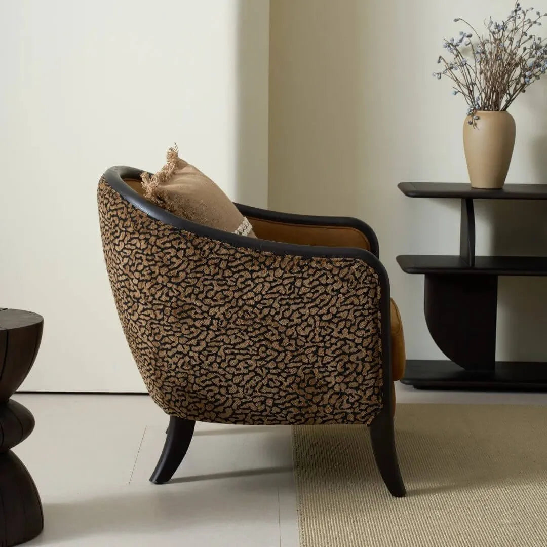 Leopard Print Barrel Chair with Red Oak Frame and Warm Velvet Upholstery