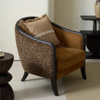 Leopard Print Barrel Chair with Red Oak Frame and Warm Velvet Upholstery