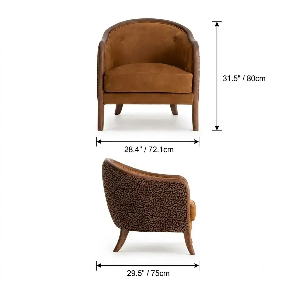 Leopard Print Barrel Chair with Red Oak Frame and Warm Velvet Upholstery Dimensions