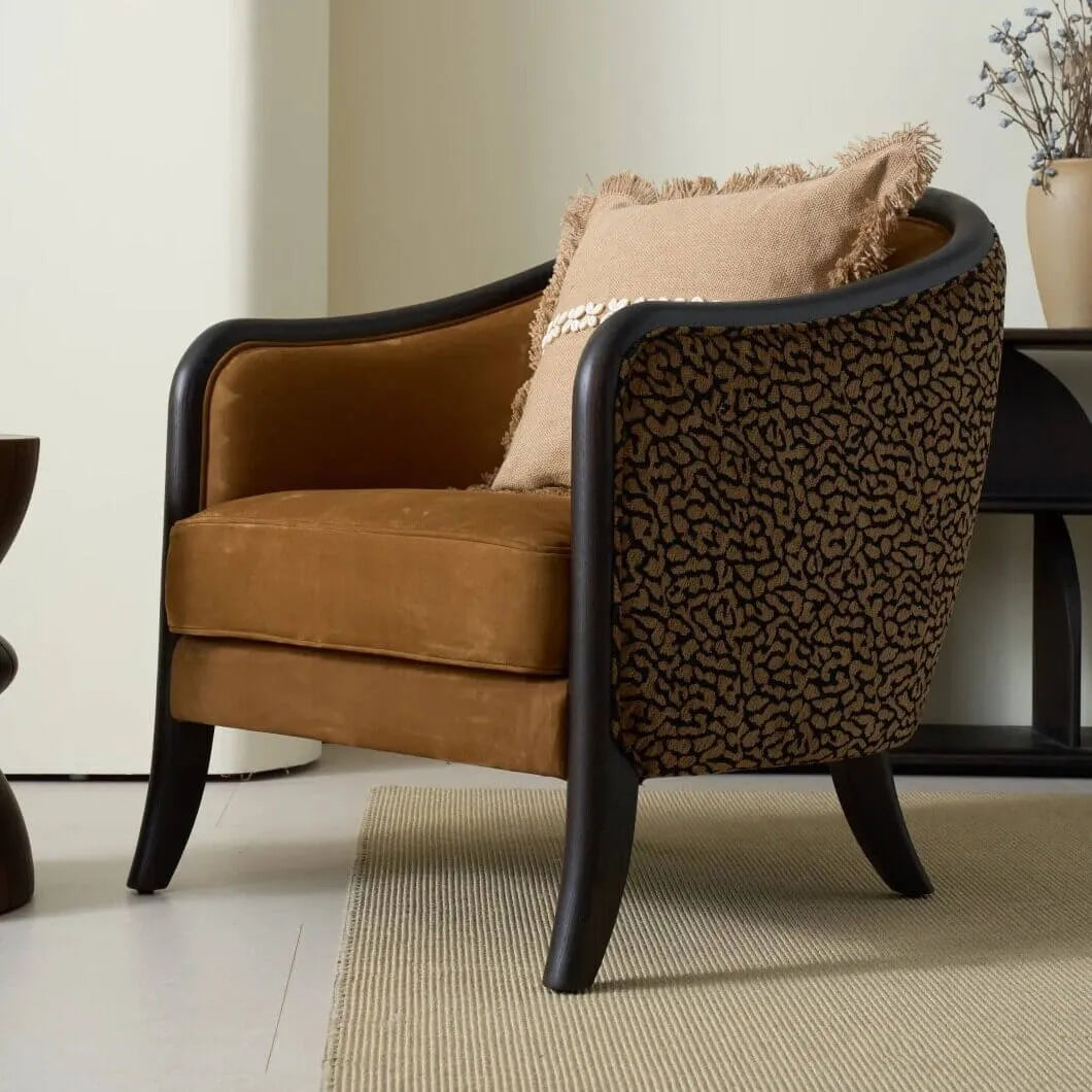 Leopard Print Barrel Chair with Red Oak Frame and Warm Velvet Upholstery Main Product Image