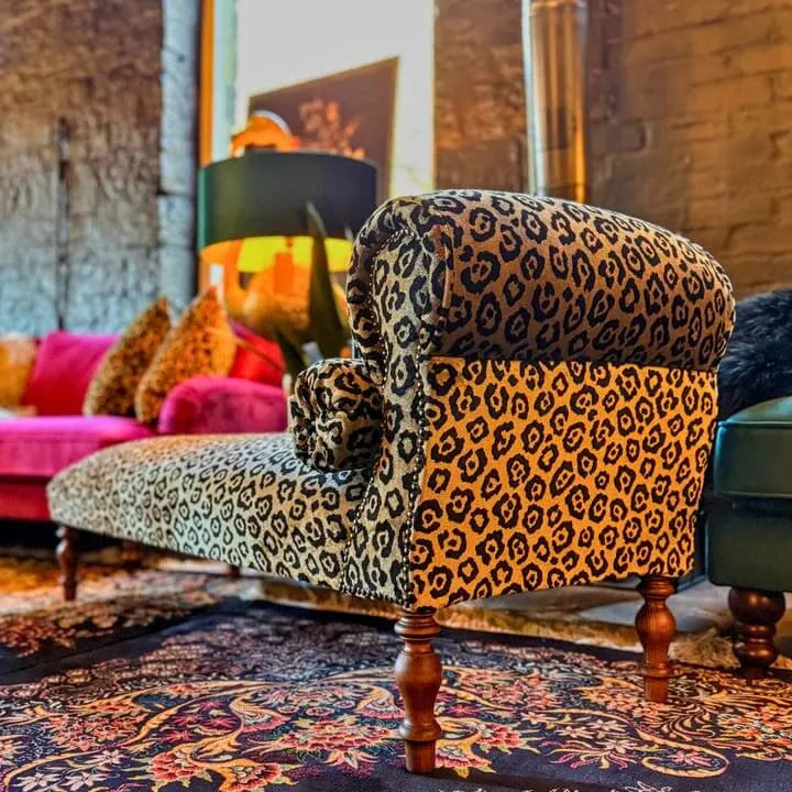 Leopard Print Chaise Lounge with Victorian Carved Wood and S-Curve Silhouette