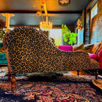 Leopard Print Chaise Lounge with Victorian Carved Wood and S-Curve Silhouette