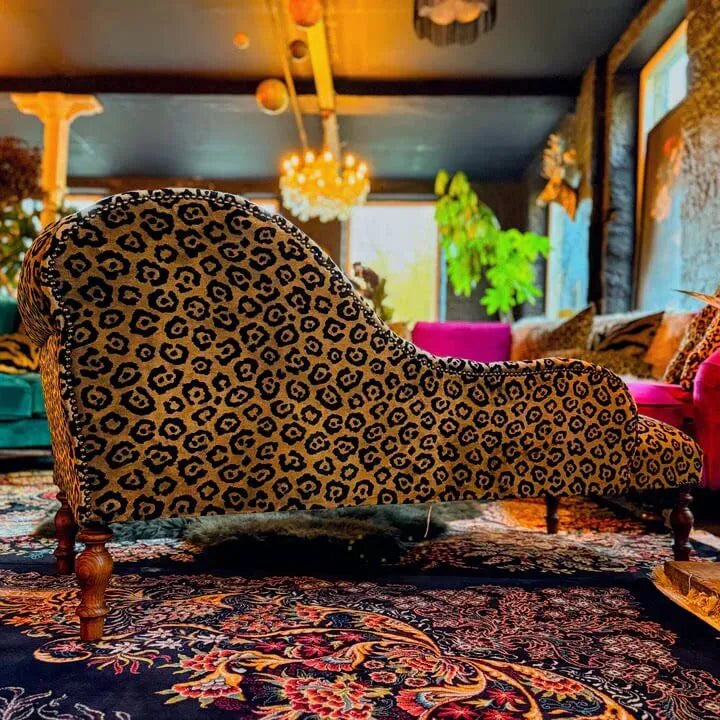 Leopard Print Chaise Lounge with Victorian Carved Wood and S-Curve Silhouette