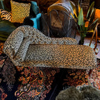 Leopard Print Chaise Lounge with Victorian Carved Wood and S-Curve Silhouette