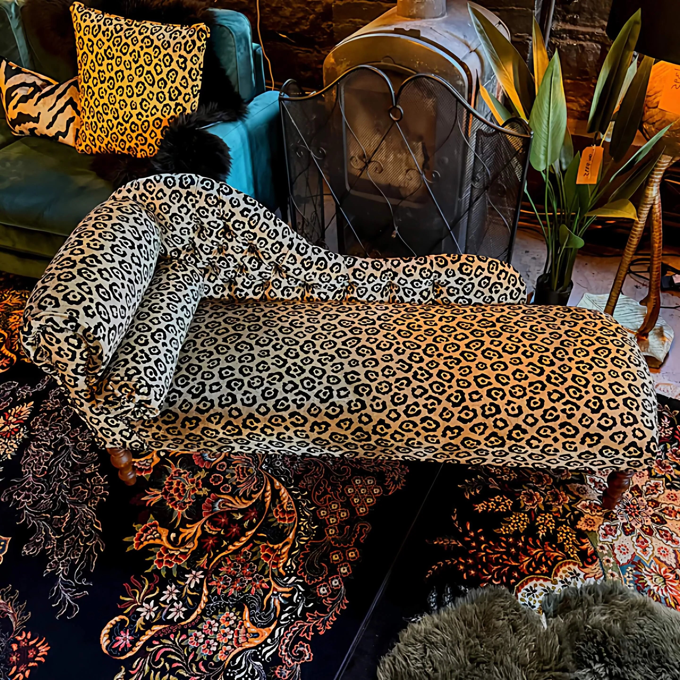 Leopard Print Chaise Lounge with Victorian Carved Wood and S-Curve Silhouette