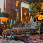 Leopard Print Chaise Lounge with Victorian Carved Wood and S-Curve Silhouette