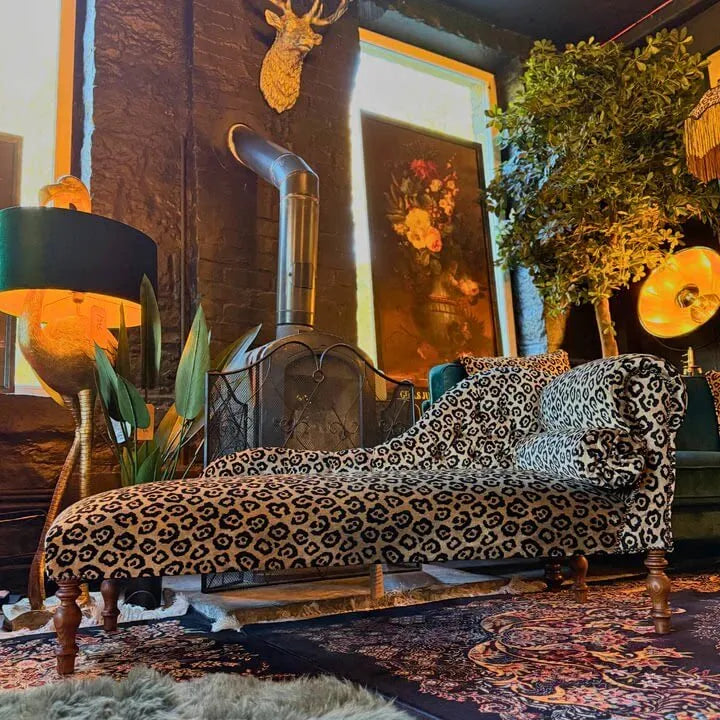 Leopard Print Chaise Lounge with Victorian Carved Wood and S-Curve Silhouette