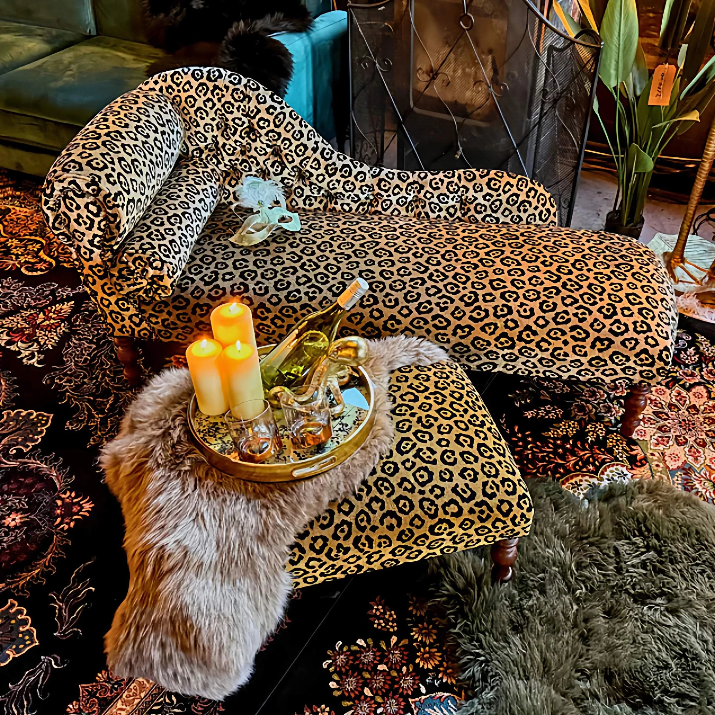 Leopard Print Chaise Lounge with Victorian Carved Wood and S-Curve Silhouette
