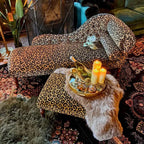 Leopard Print Chaise Lounge with Victorian Carved Wood and S-Curve Silhouette