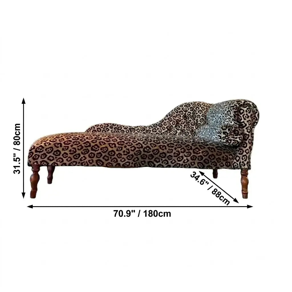Leopard Print Chaise Lounge with Victorian Carved Wood and S-Curve Silhouette Dimensions