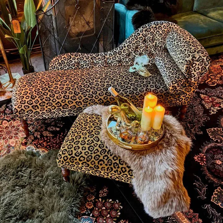 Leopard Print Chaise Lounge with Victorian Carved Wood and S-Curve Silhouette Main Product Image