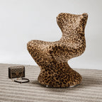 Leopard Print Swivel Chair in Faux Mink Plush, Sculptural Vanity Accent