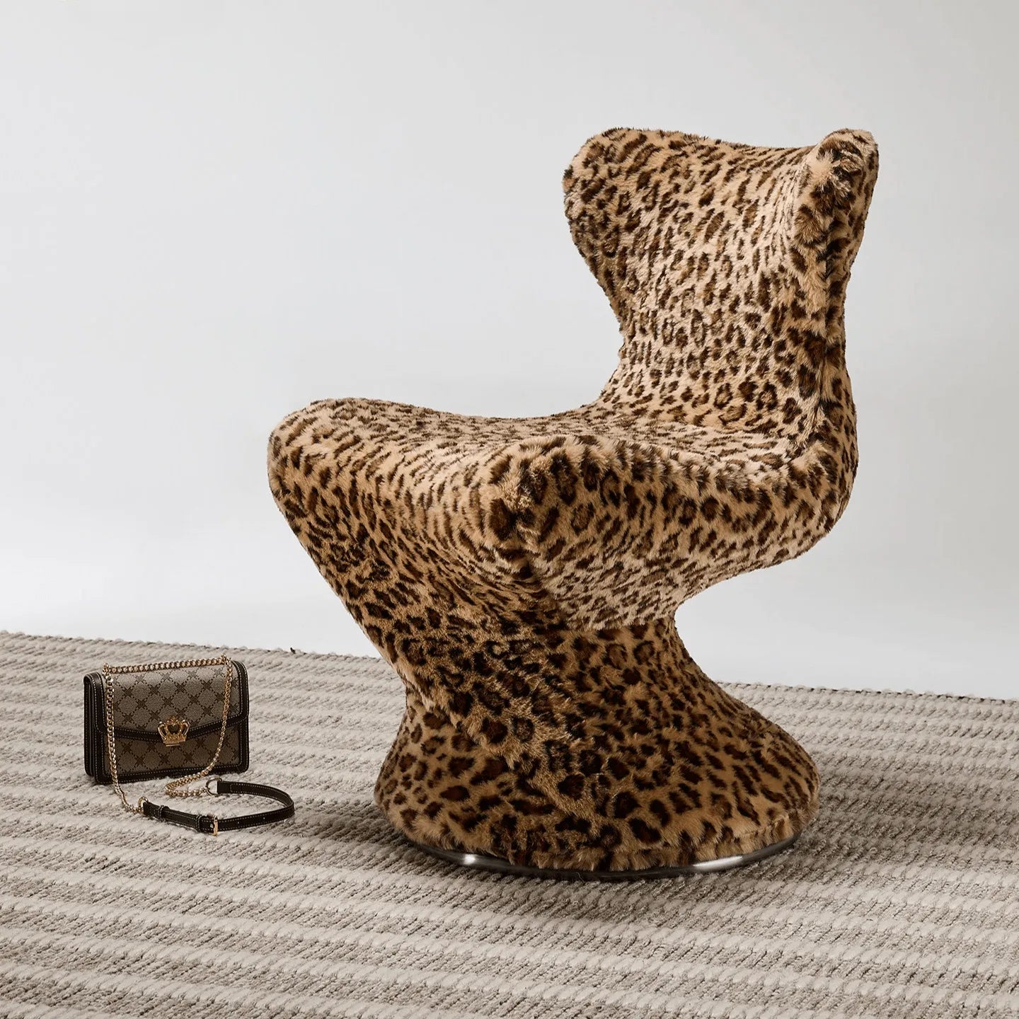 Leopard Print Swivel Chair in Faux Mink Plush, Sculptural Vanity Accent