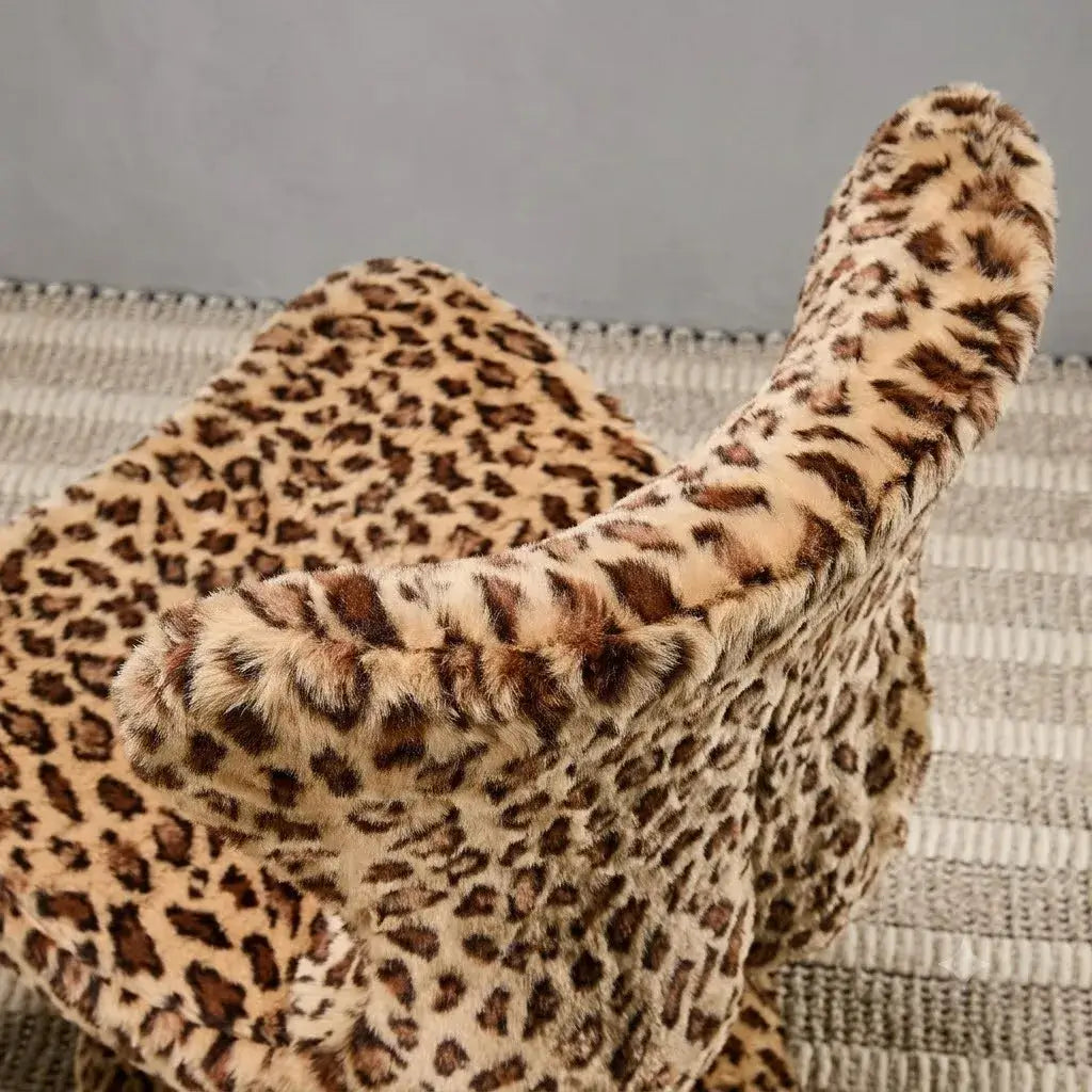 Leopard Print Swivel Chair in Faux Mink Plush, Sculptural Vanity Accent