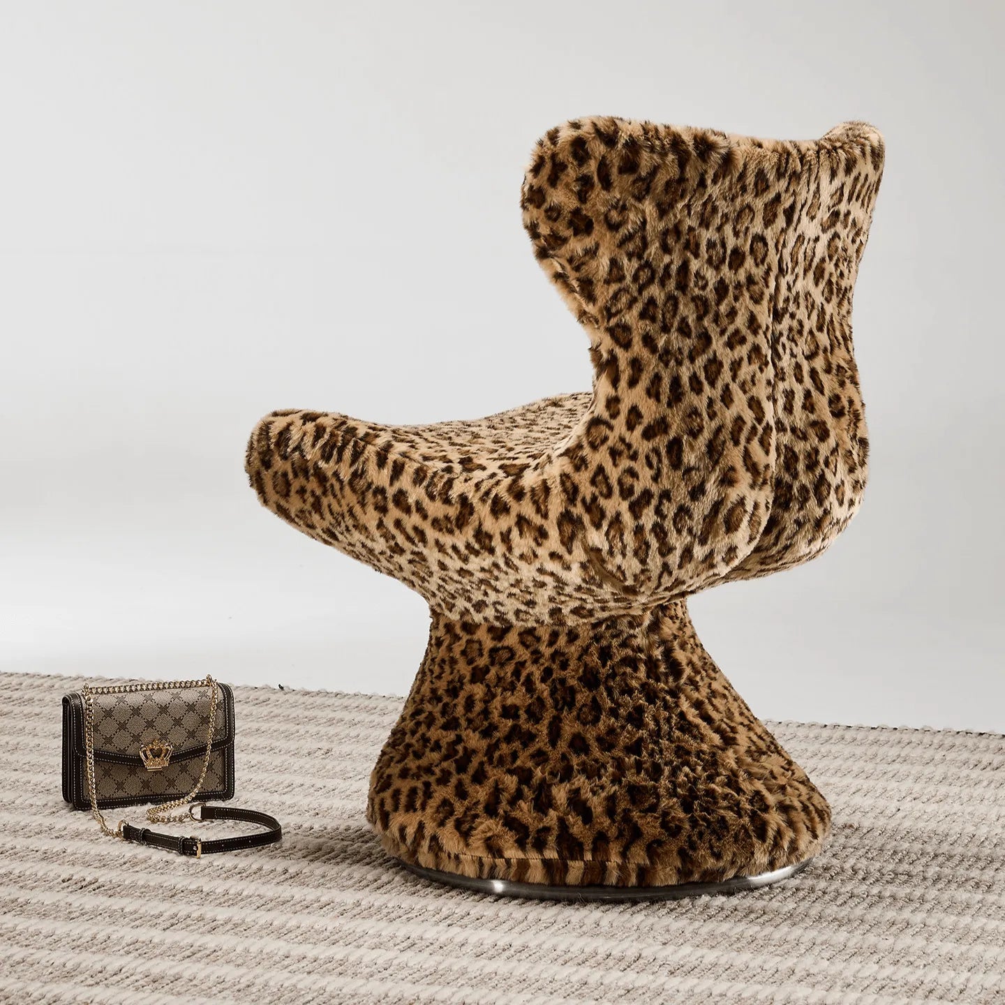 Leopard Print Swivel Chair in Faux Mink Plush, Sculptural Vanity Accent Main Product Image Main image