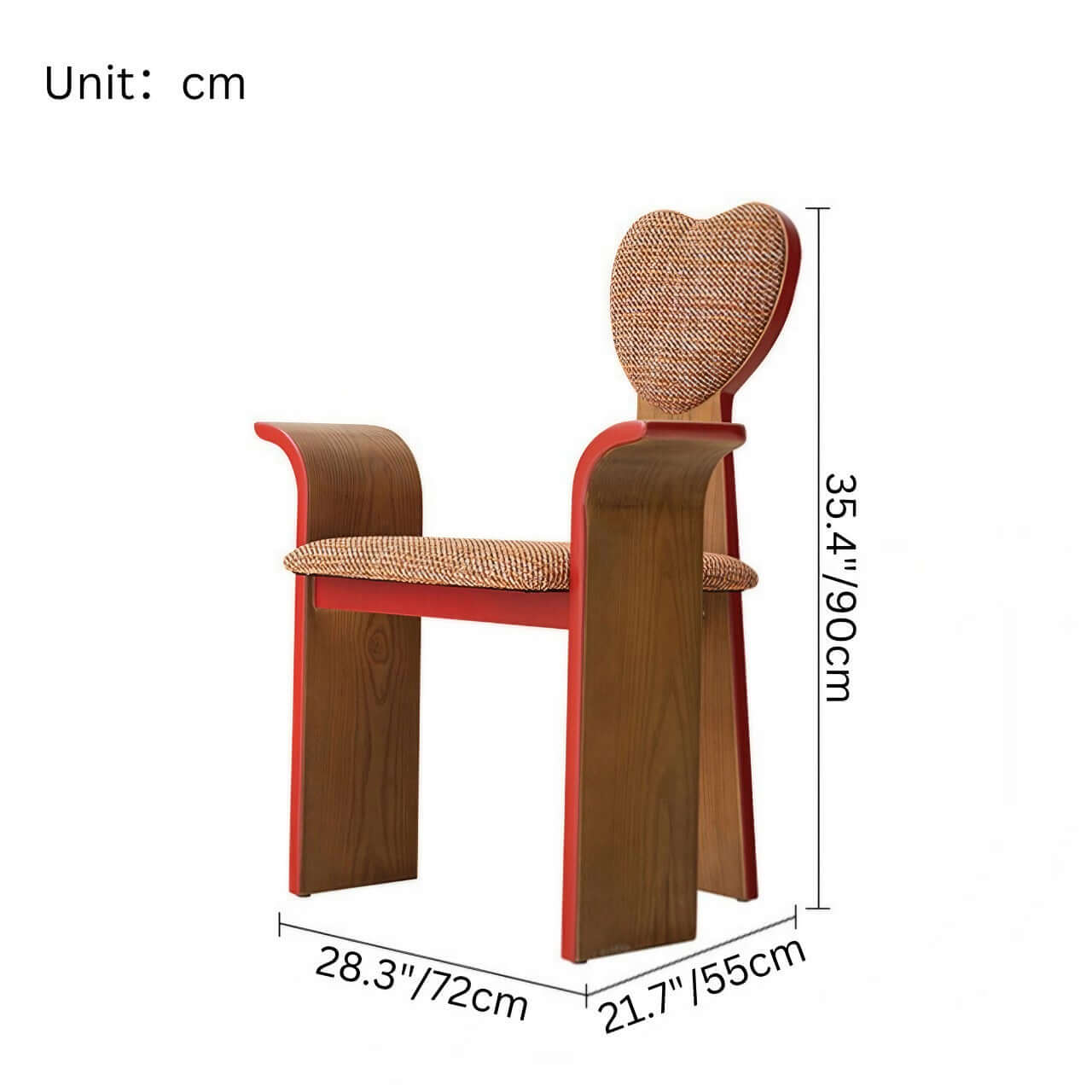 Light brown fabric dining chair with heart-shaped back and creative design dimensions