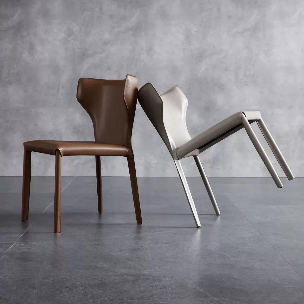 Elegant Light Khaki Saddle Leather Dining Chair with C-Shaped Backrest