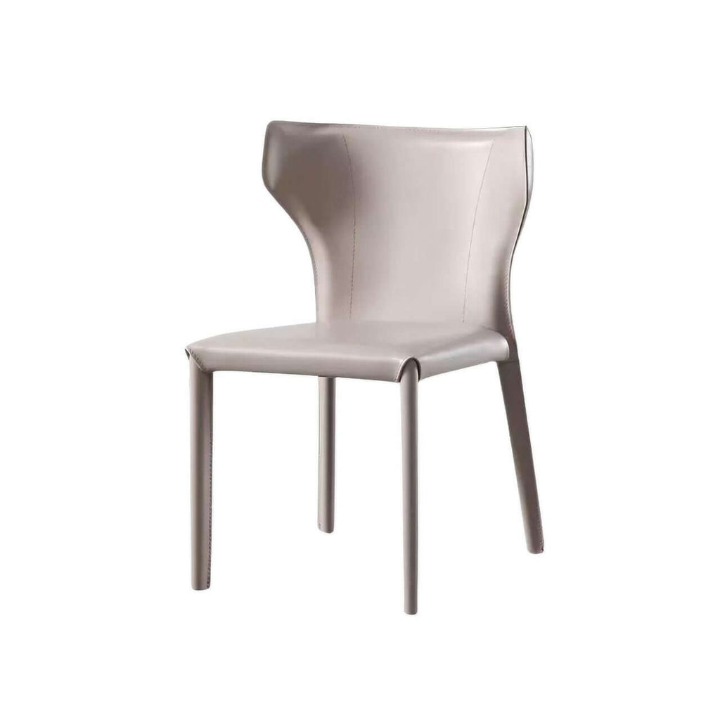 Light khaki saddle leather dining chair with C-shaped curved backrest, minimalist and luxurious design