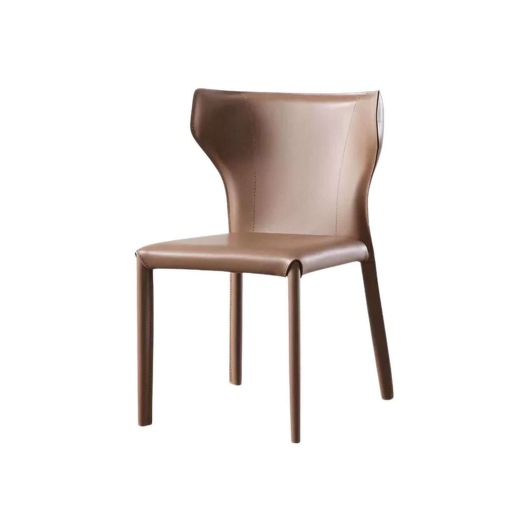 Light khaki saddle leather dining chair with C-shaped curved backrest, minimalist and luxurious design