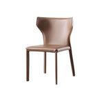Light khaki saddle leather dining chair with C-shaped curved backrest, minimalist and luxurious design