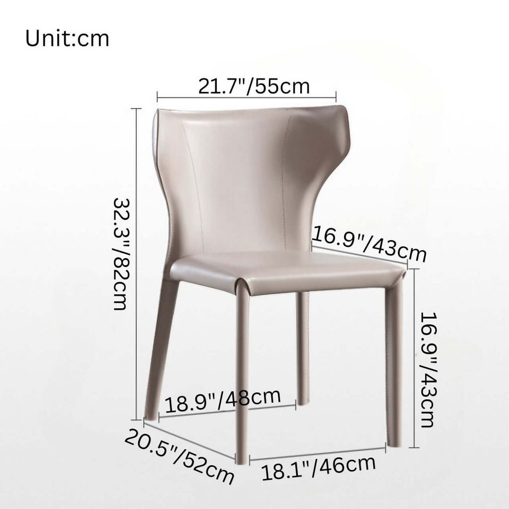 Light khaki saddle leather dining chair with C-shaped curved backrest, minimalist and luxurious design dimensions