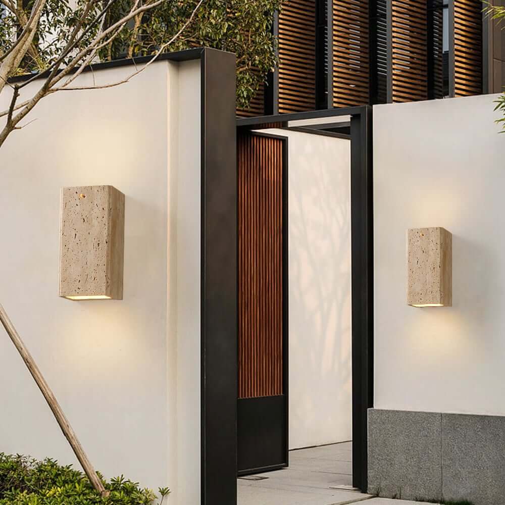 Light Khaki Travertine Outdoor Flush Mount Wall Sconce