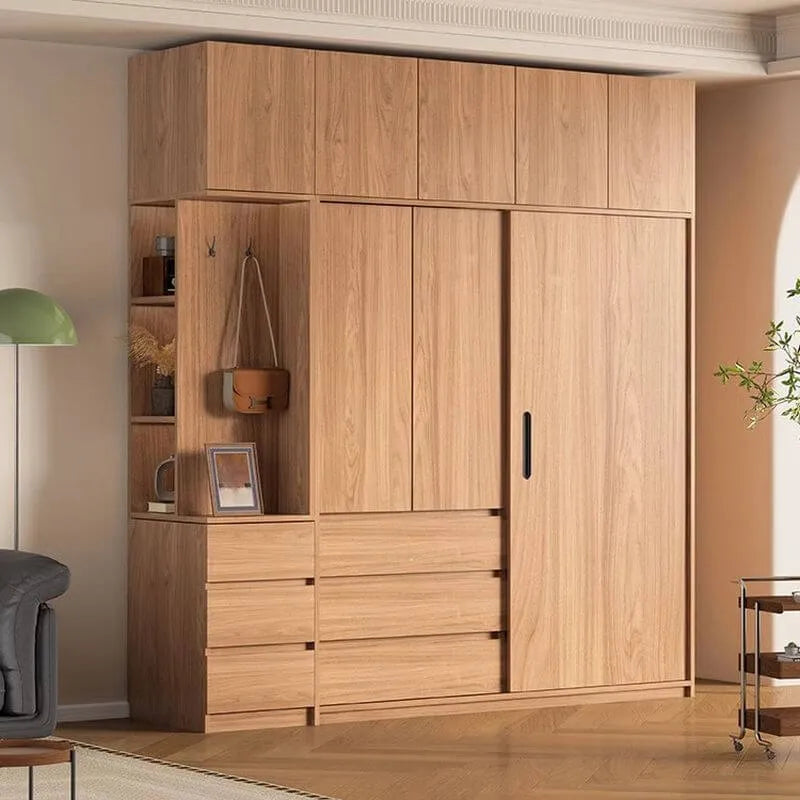 Light Oak Modern Wardrobe Armoire with Sliding Door Drawers