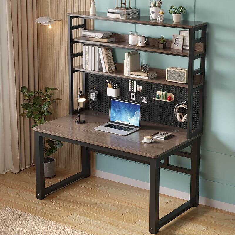 Light Walnut and White Metal Kids Computer Desk with Hutch and Pegboard