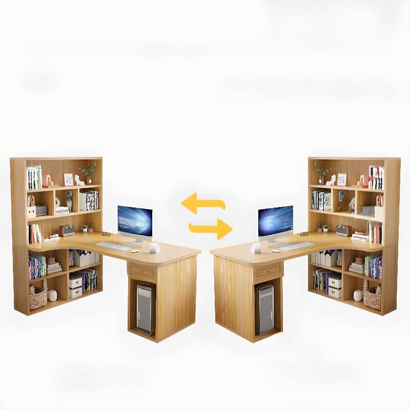 Light Walnut L-Shaped Corner Writing Desk with Hutch and Storage