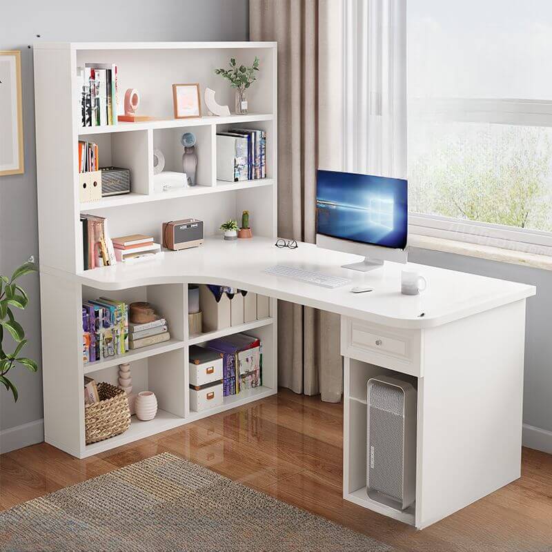 Light Walnut L-Shaped Corner Writing Desk with Hutch and Storage