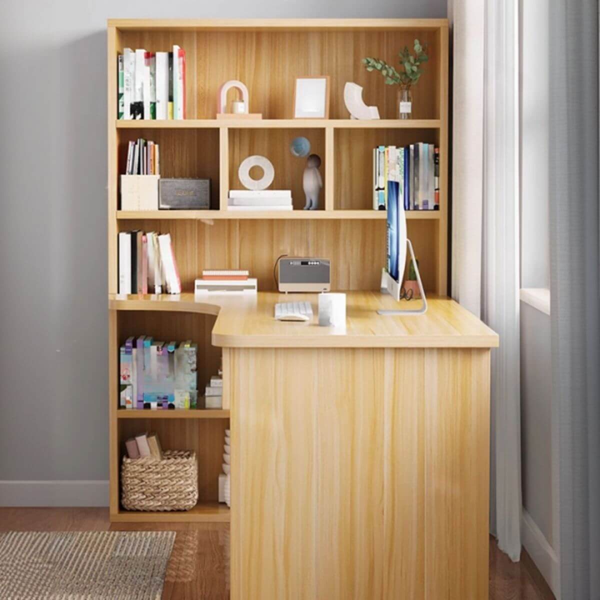 Light Walnut L-Shaped Corner Writing Desk with Hutch and Storage Secondary image