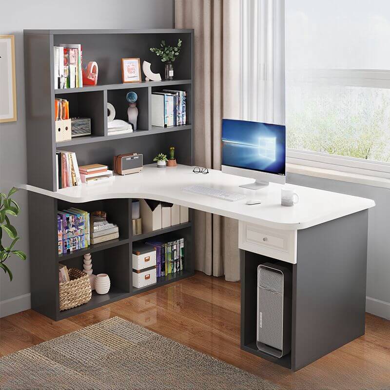 Light Walnut L-Shaped Corner Writing Desk with Hutch and Storage