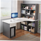 Light Walnut L-Shaped Corner Writing Desk with Hutch and Storage