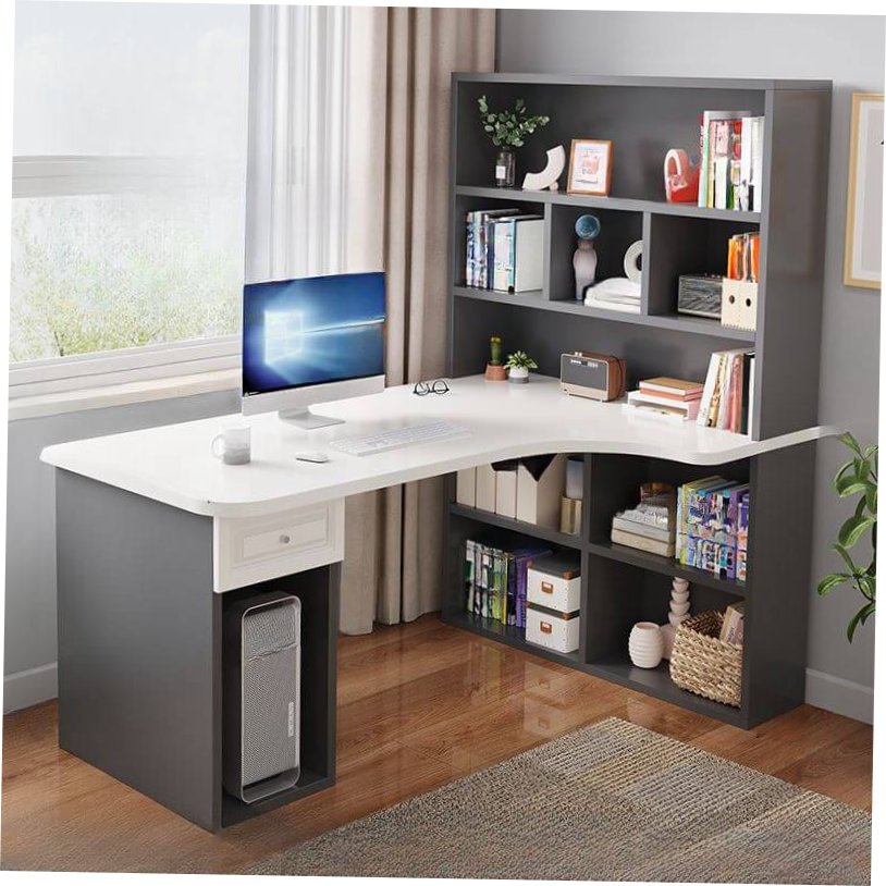 Light Walnut L-Shaped Corner Writing Desk with Hutch and Storage