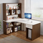 Light Walnut L-Shaped Corner Writing Desk with Hutch and Storage