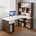 Light Walnut L-Shaped Corner Writing Desk with Hutch and Storage